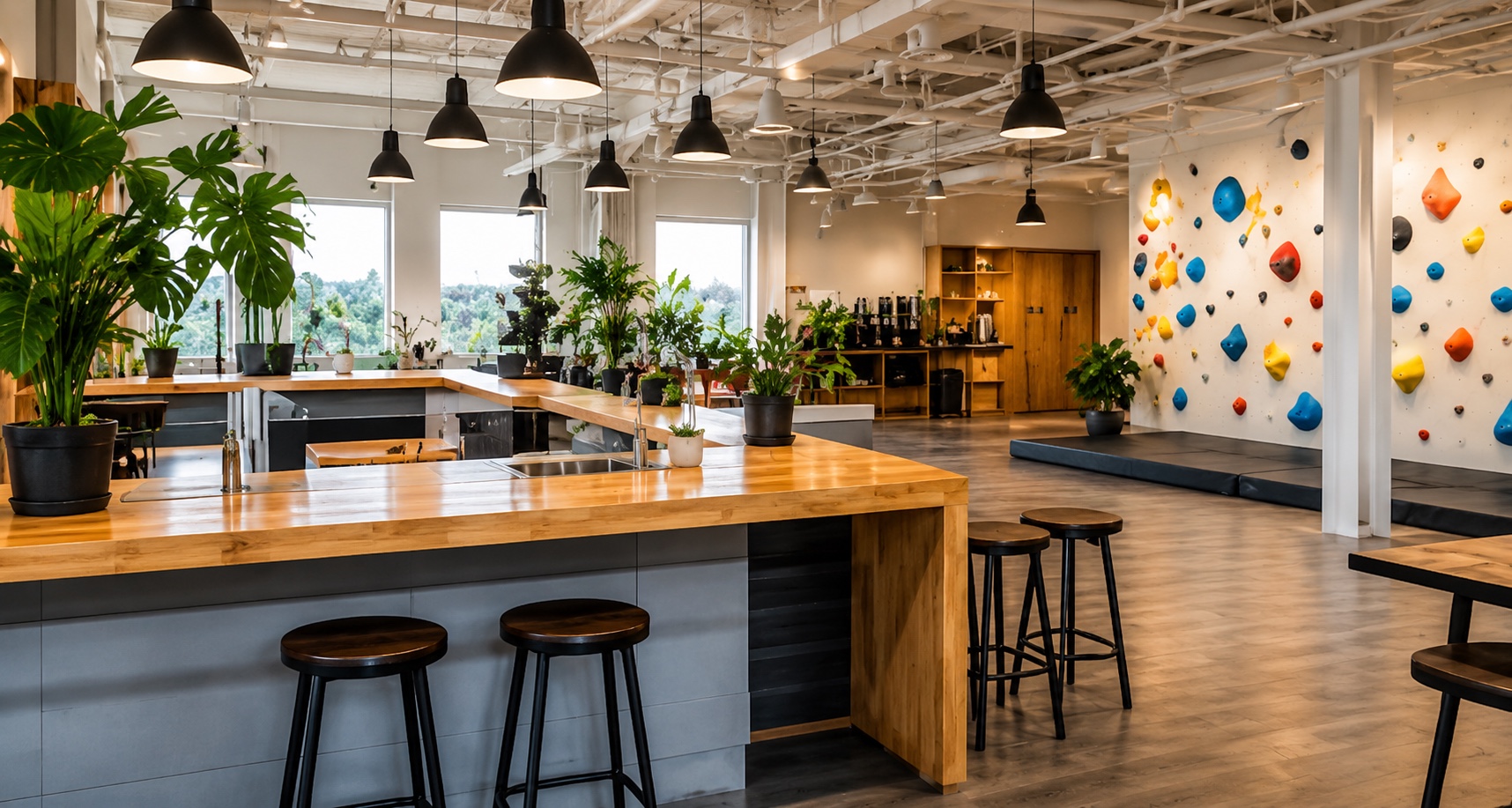 Chill out cafe and climbing wall interior
